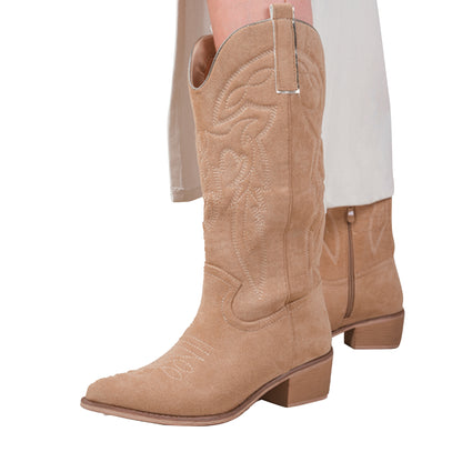 Beige - Pack Shot - Where´s That From Womens-Ladies Desert Embroidered Faux Suede Side Zip Cowboy Boots