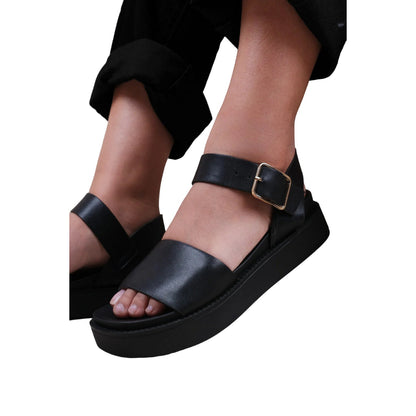Black - Side - Where´s That From Womens-Ladies Phoenix PU Buckle Detail Extra Wide Platform Sandals