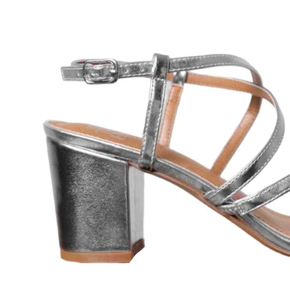 Silver - Side - Where´s That From Womens-Ladies Sidra Crossover Strap Wide Medium Block Heel Sandals