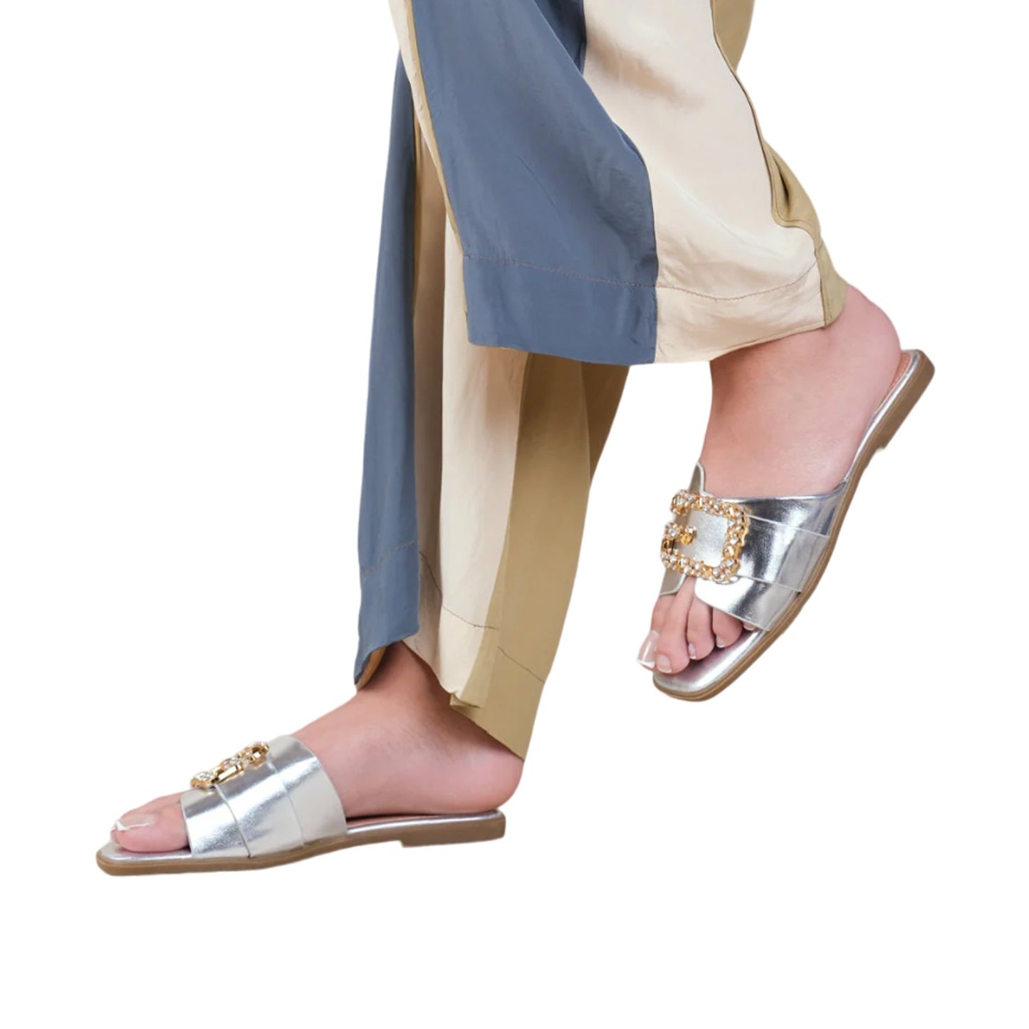 Silver - Front - Where´s That From Womens-Ladies Galaxy Diamante Faux Leather Cut Out Strap Flat Sandals