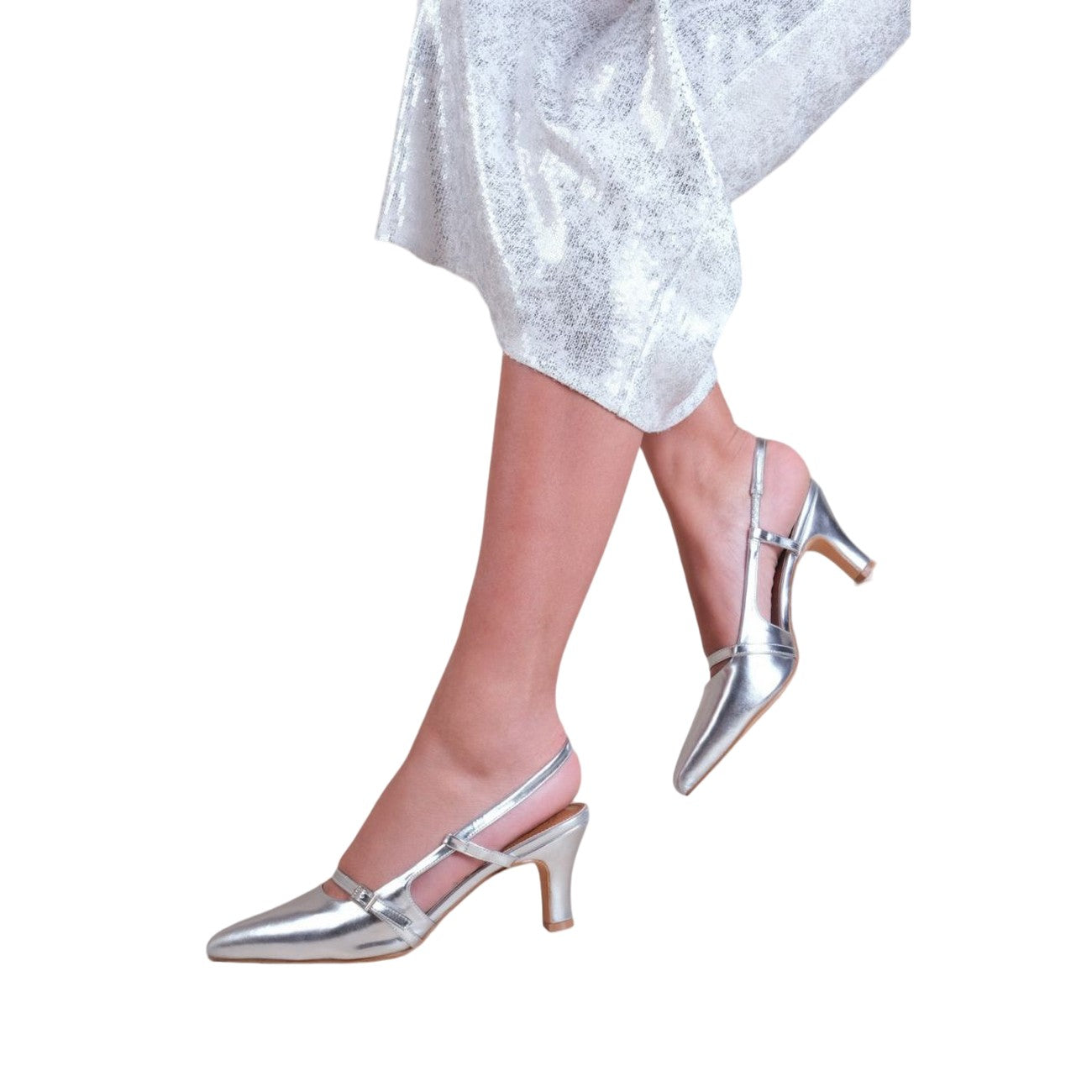 Silver - Back - Where´s That From Womens-Ladies On Point Sling Back Buckle Detail Mid Heel Sandals