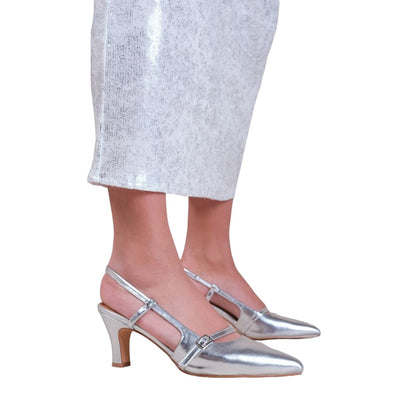 Silver - Side - Where´s That From Womens-Ladies On Point Sling Back Buckle Detail Mid Heel Sandals