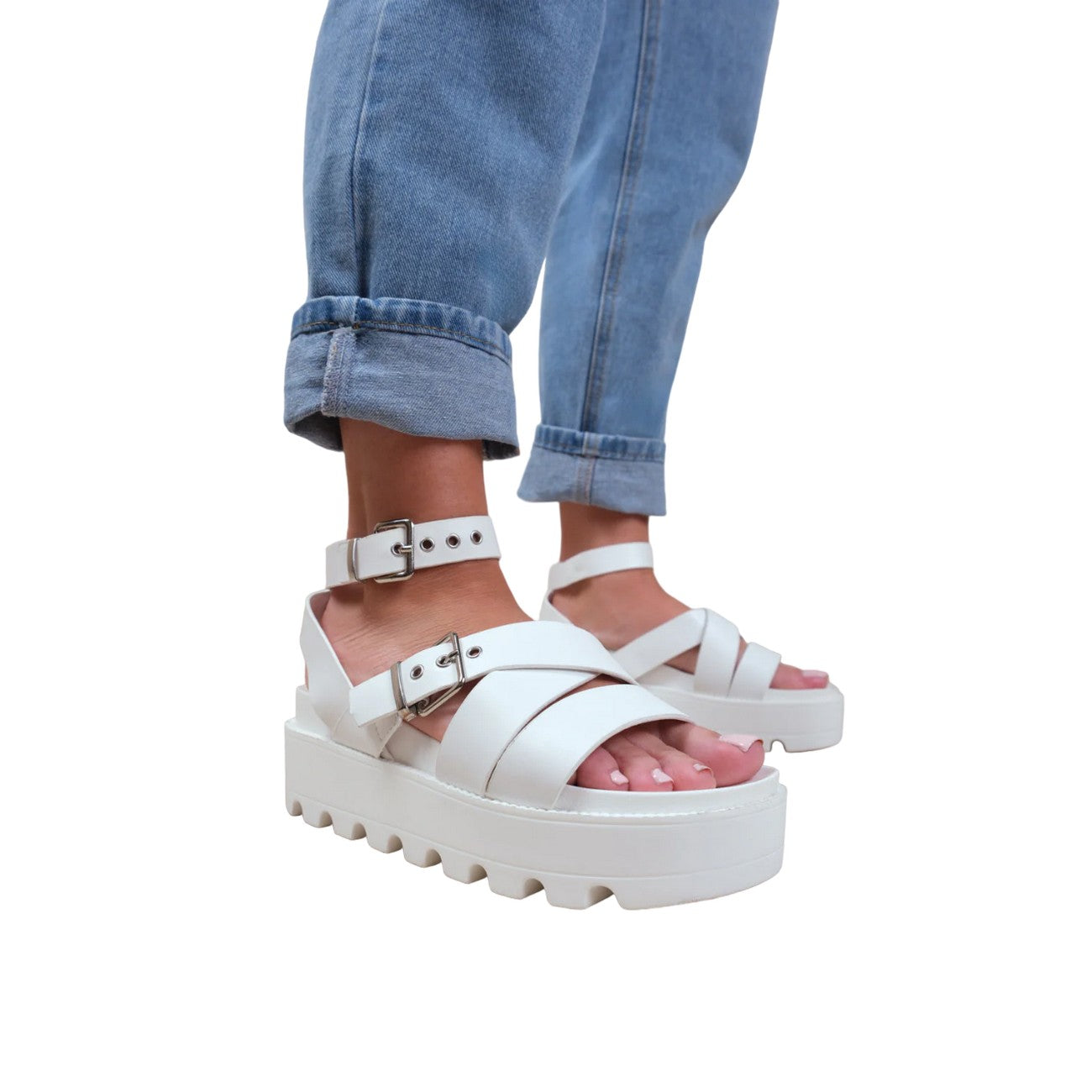 White - Side - Where´s That From Womens-Ladies Layla Buckle Wide Platform Sandals