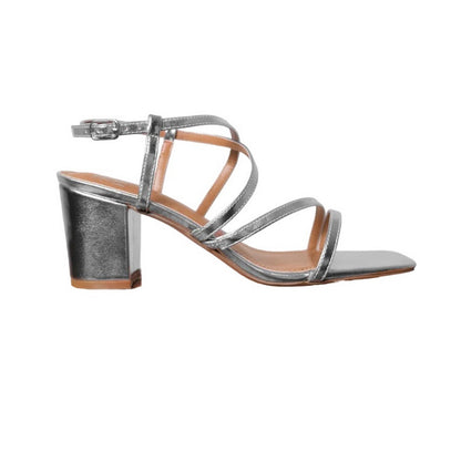 Silver - Back - Where´s That From Womens-Ladies Sidra Metallic Crossover Strap Extra Wide Mid High Block Sandals