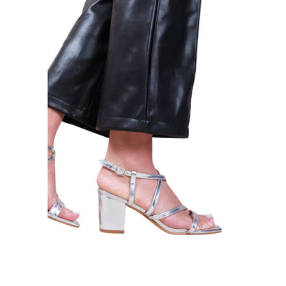 Silver - Side - Where´s That From Womens-Ladies Sidra Metallic Crossover Strap Extra Wide Mid High Block Sandals