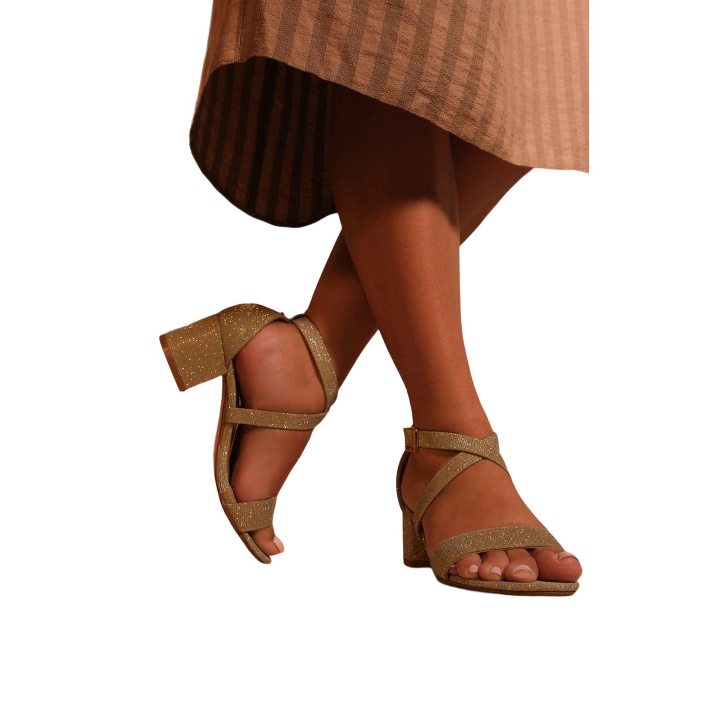 Gold - Front - Where´s That From Womens-Ladies Amber Glitter Peep Toe Strappy Mid High Block Sandals