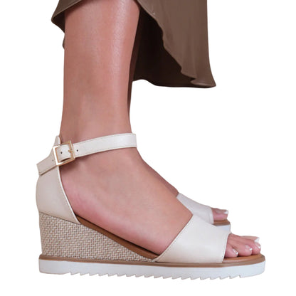 Cream - Back - Where´s That From Womens-Ladies Dusk PU Ankle Strap Buckle Extra Wide Wedges
