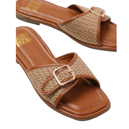 Tan - Side - Where´s That From Womens-Ladies Vermont Raffia Buckle Sliders
