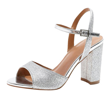 Silver - Back - Where´s That From Womens-Ladies Florence Faux Leather Ankle Strap Wide Mid Heel Sandals