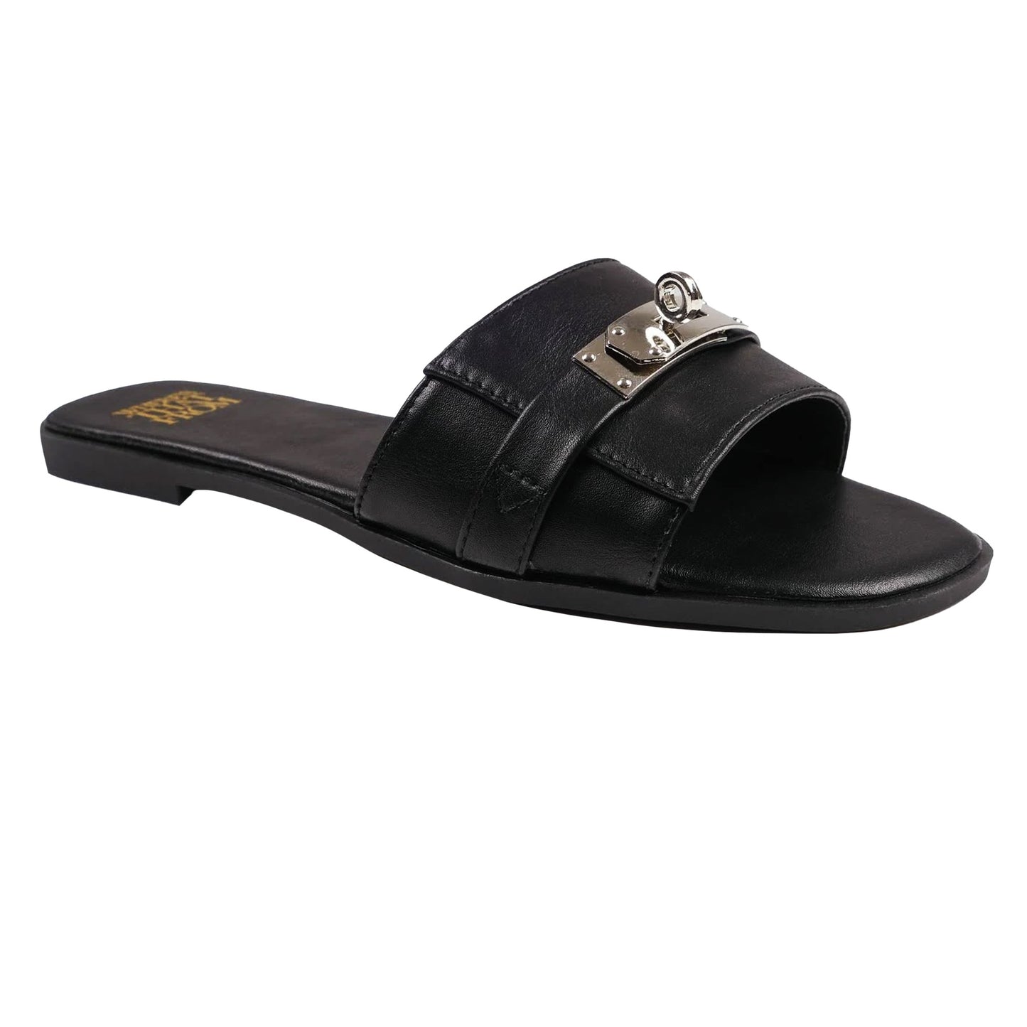 Black - Back - Where´s That From Womens-Ladies Emmeline Buckle Faux Leather Single Strap Sliders