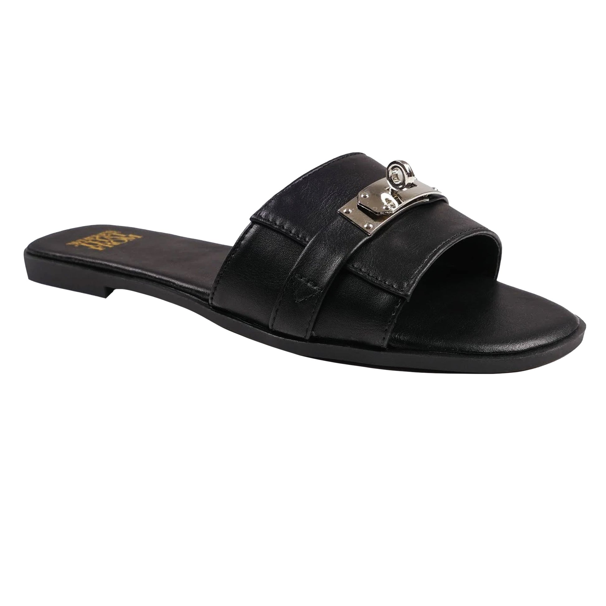 Black - Back - Where´s That From Womens-Ladies Emmeline Buckle Faux Leather Single Strap Sliders
