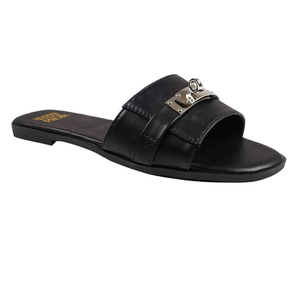 Black - Back - Where´s That From Womens-Ladies Emmeline Buckle Faux Leather Single Strap Sliders