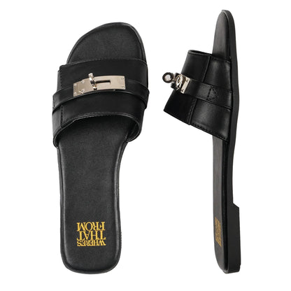 Black - Front - Where´s That From Womens-Ladies Emmeline Buckle Faux Leather Single Strap Sliders