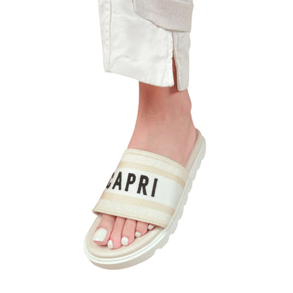 Cream - Front - Where´s That From Womens-Ladies Moon Text Faux Leather Printed Flat Flip Flops