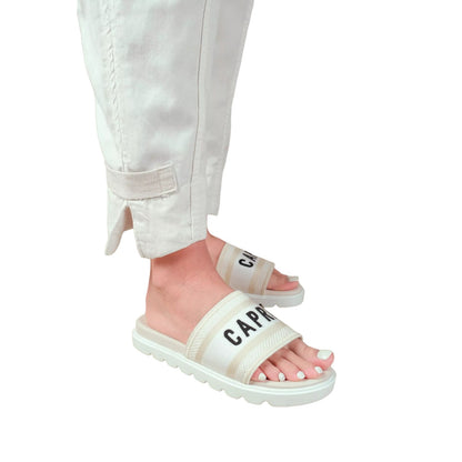 Cream - Back - Where´s That From Womens-Ladies Moon Text Faux Leather Printed Flat Flip Flops