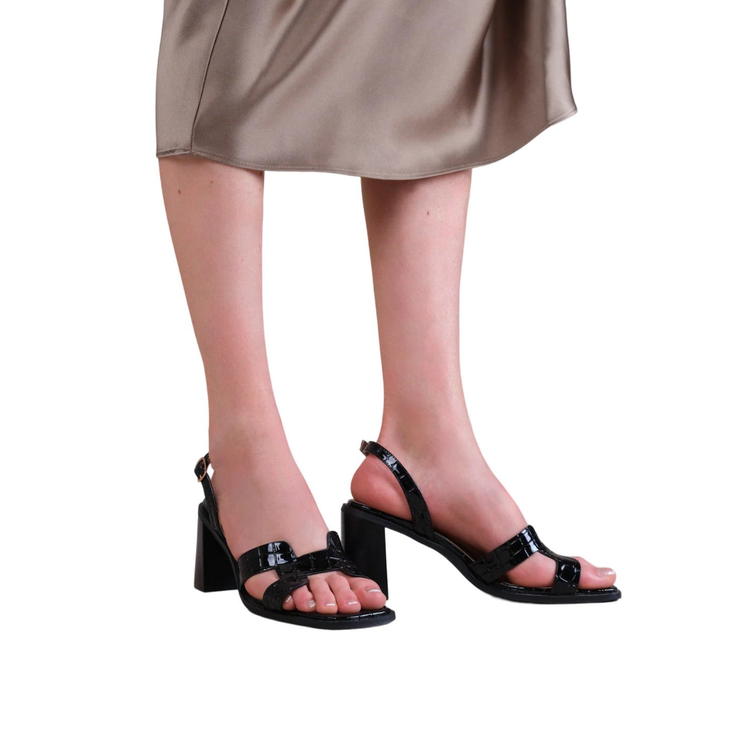 Black - Back - Where´s That From Womens-Ladies Stylite Crocodile Print Patent Leather Strappy Block Heel Sandals