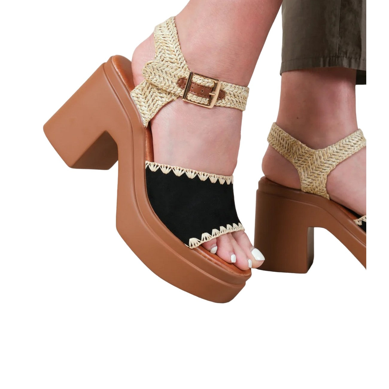Black - Back - Where´s That From Womens-Ladies Wild Cat Suede Platform Block Heel Sandals