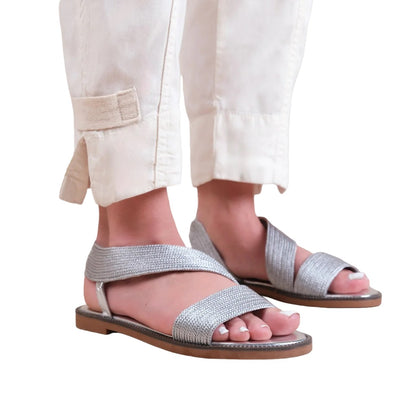 Silver - Front - Where´s That From Womens-Ladies Studio Threaded Faux Leather Wide Strap Flat Sandals