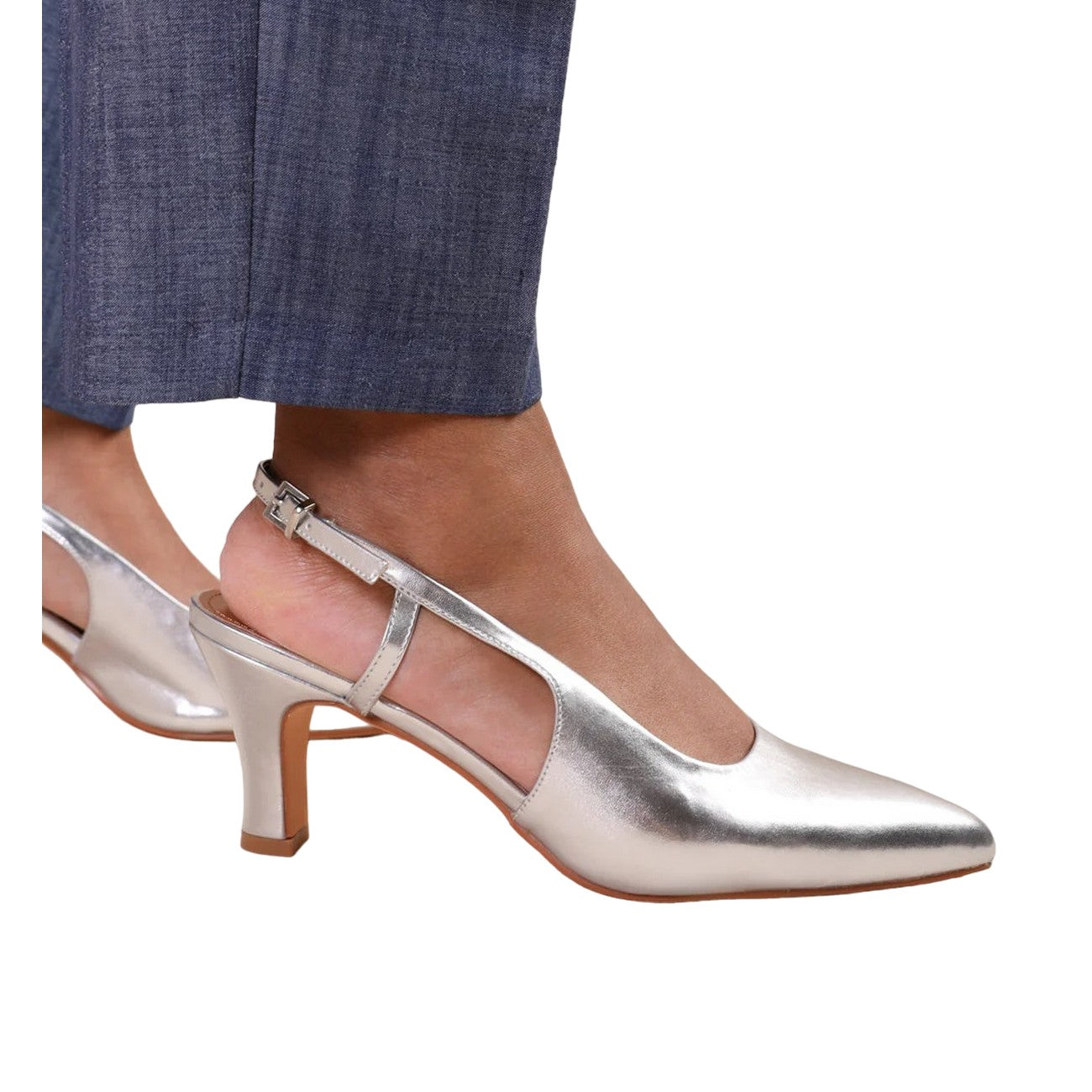 Silver - Back - Where´s That From Womens-Ladies Milos Metallic Faux Leather Sling Back Wide Low Heel Sandals