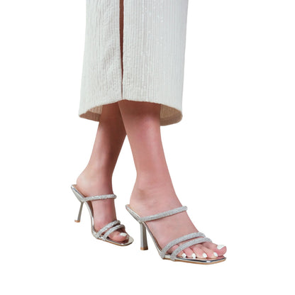 Silver - Back - Where´s That From Womens-Ladies Moonstone Diamante Patent PU Strappy Low Heel High Heels