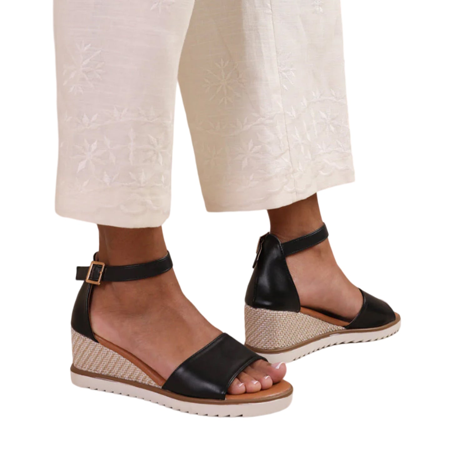 Black - Back - Where´s That From Womens-Ladies Dusk Buckle PU Ankle Strap Wedge