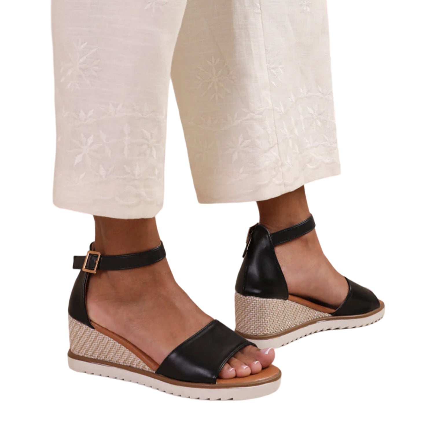 Black - Back - Where´s That From Womens-Ladies Dusk Buckle PU Ankle Strap Wedge