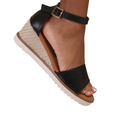 Black - Front - Where´s That From Womens-Ladies Dusk Buckle PU Ankle Strap Wedge