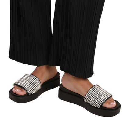 Black - Side - Where´s That From Womens-Ladies Marvel Diamante PU Platform Low Wedge Sliders