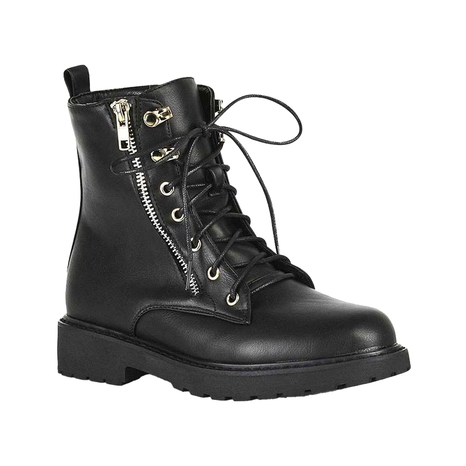 Black - Front - XY London Womens-Ladies Halsey Lace Up Biker Boots