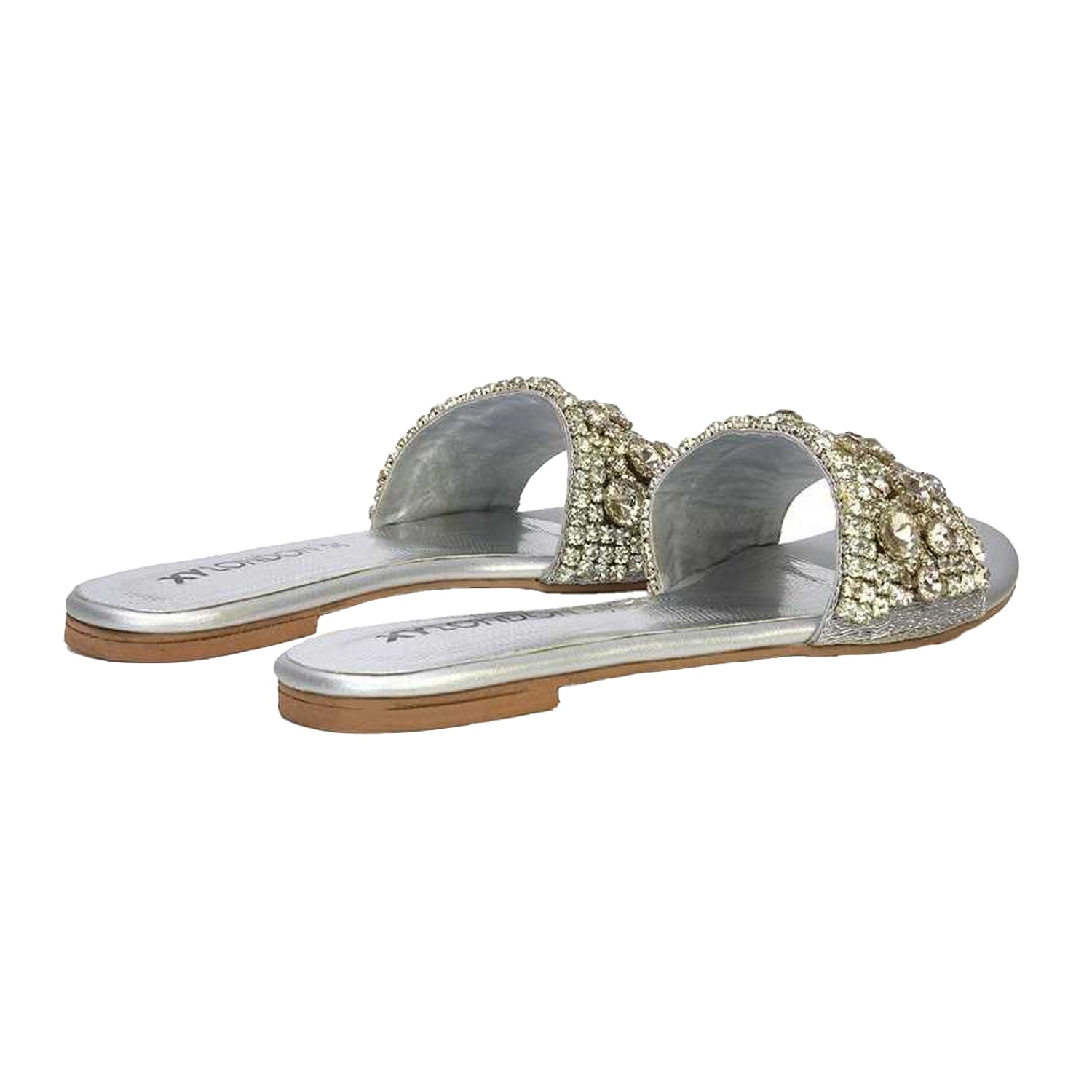 Silver - Back - XY London Womens-Ladies Brielle Diamante Metallic Slip-on Flat Sandals