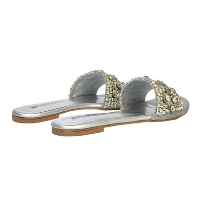 Silver - Back - XY London Womens-Ladies Brielle Diamante Metallic Slip-on Flat Sandals
