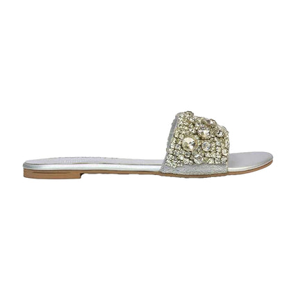 Silver - Side - XY London Womens-Ladies Brielle Diamante Metallic Slip-on Flat Sandals