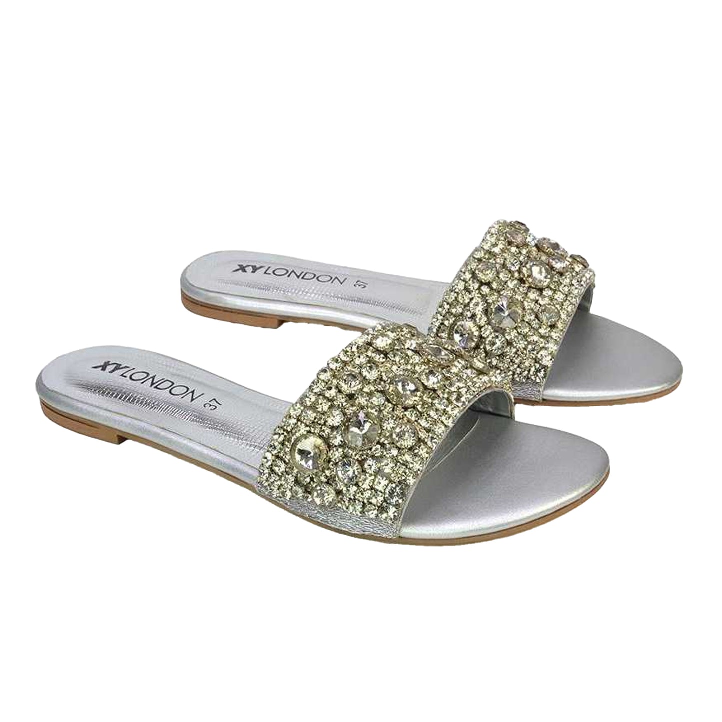 Silver - Lifestyle - XY London Womens-Ladies Brielle Diamante Metallic Slip-on Flat Sandals