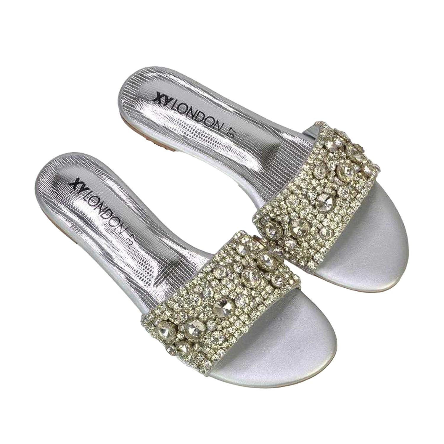 Silver - Pack Shot - XY London Womens-Ladies Brielle Diamante Metallic Slip-on Flat Sandals