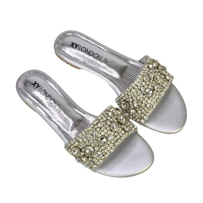 Silver - Pack Shot - XY London Womens-Ladies Brielle Diamante Metallic Slip-on Flat Sandals