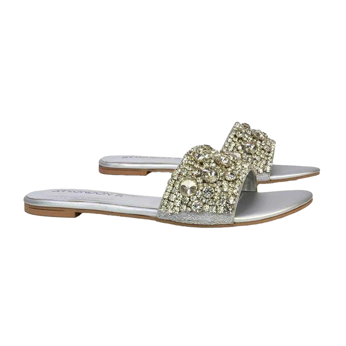 Silver - Front - XY London Womens-Ladies Brielle Diamante Metallic Slip-on Flat Sandals