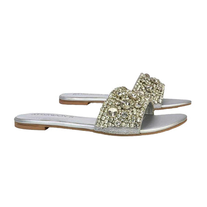 Silver - Front - XY London Womens-Ladies Brielle Diamante Metallic Slip-on Flat Sandals