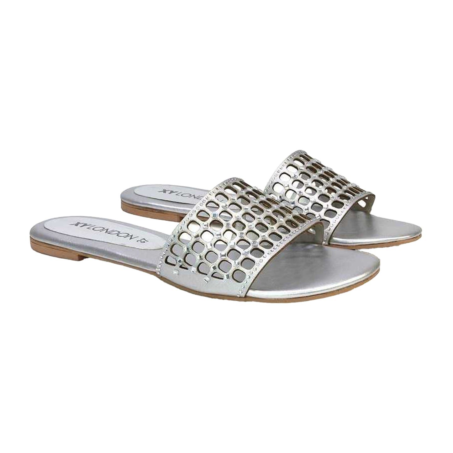 Silver - Lifestyle - XY London Womens-Ladies Abbie Diamante Cut Out Flat Sliders