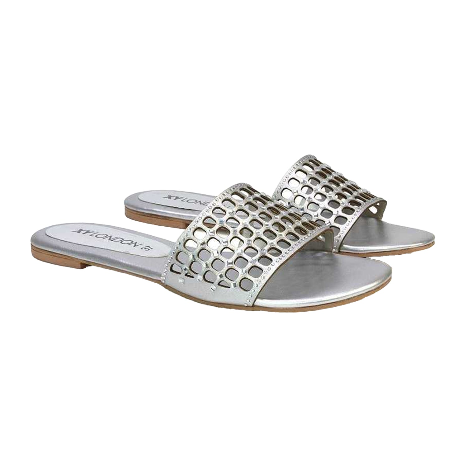 Silver - Lifestyle - XY London Womens-Ladies Abbie Diamante Cut Out Flat Sliders