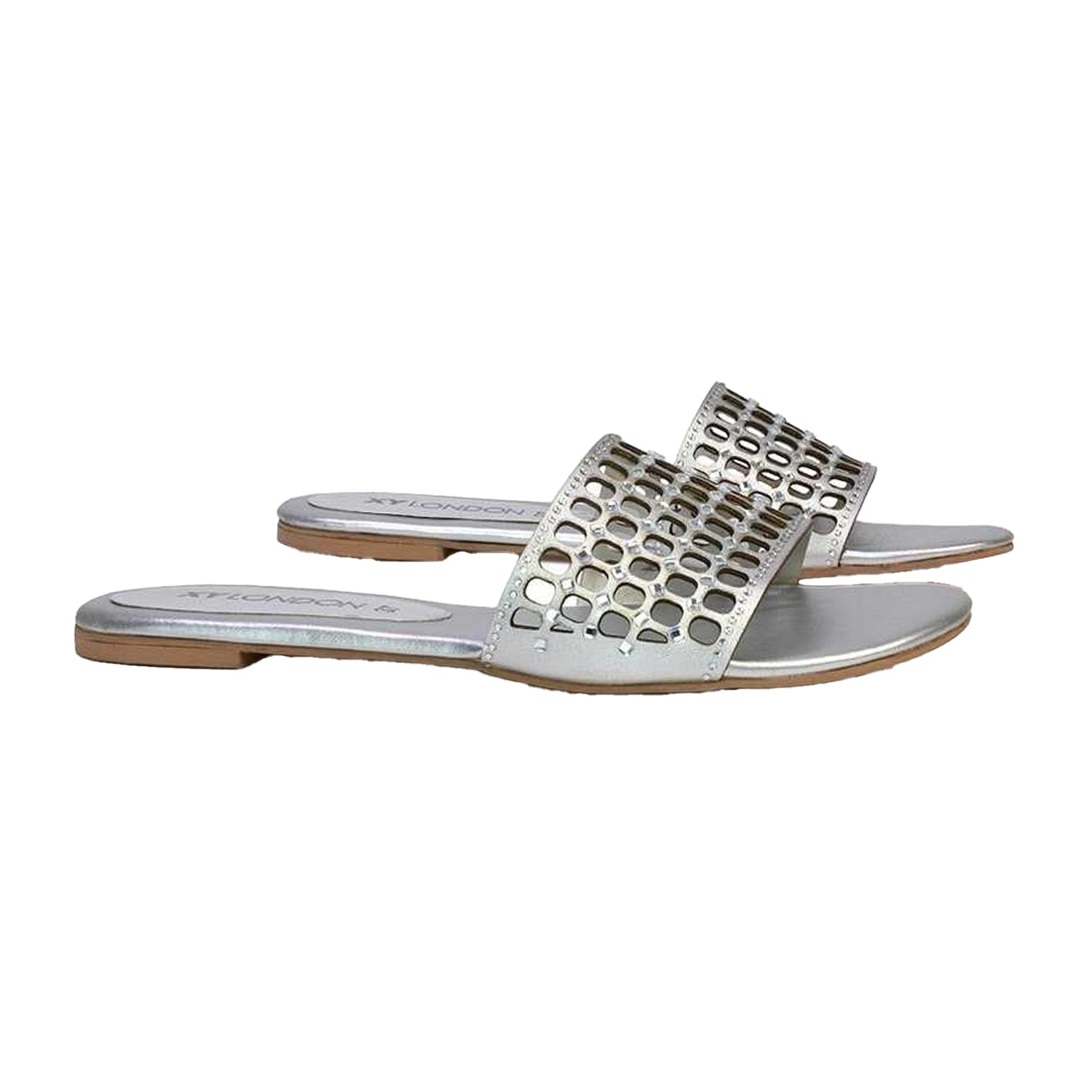 Silver - Side - XY London Womens-Ladies Abbie Diamante Cut Out Flat Sliders