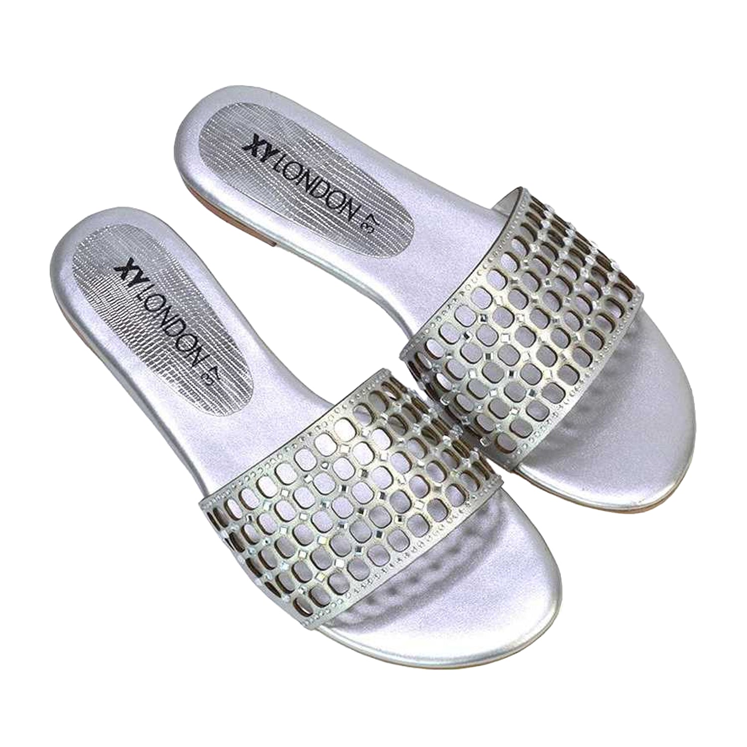 Silver - Pack Shot - XY London Womens-Ladies Abbie Diamante Cut Out Flat Sliders