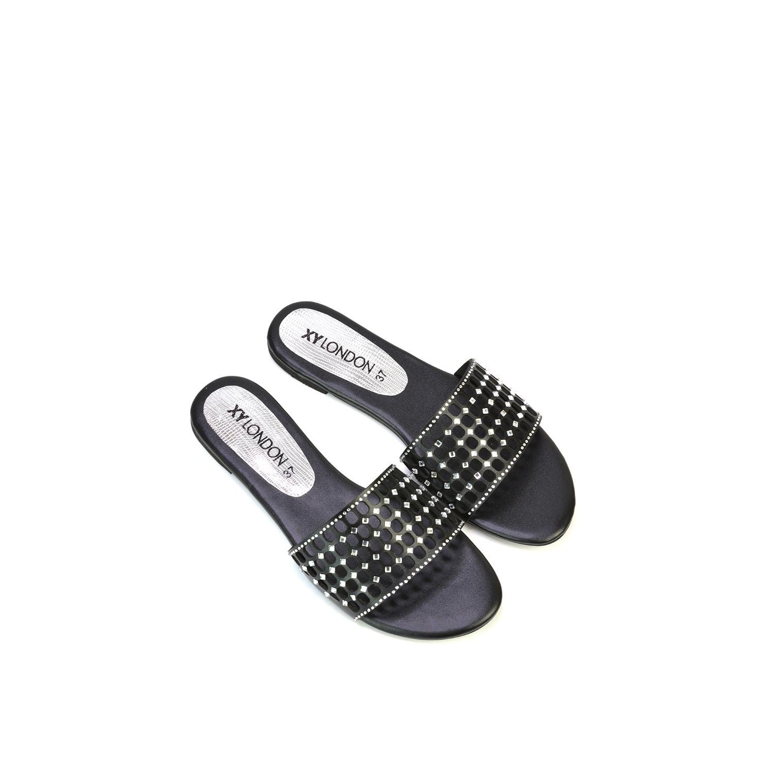 Black - Back - XY London Womens-Ladies Abbie Diamante Cut Out Flat Sliders