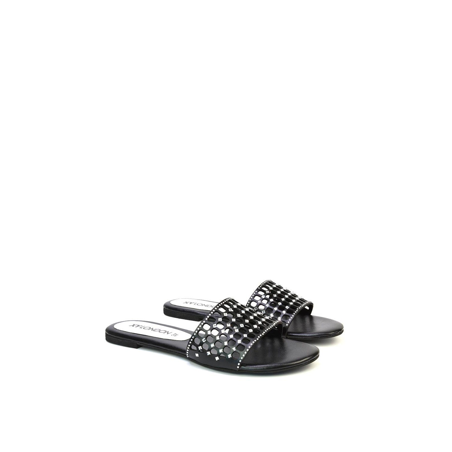 Black - Side - XY London Womens-Ladies Abbie Diamante Cut Out Flat Sliders