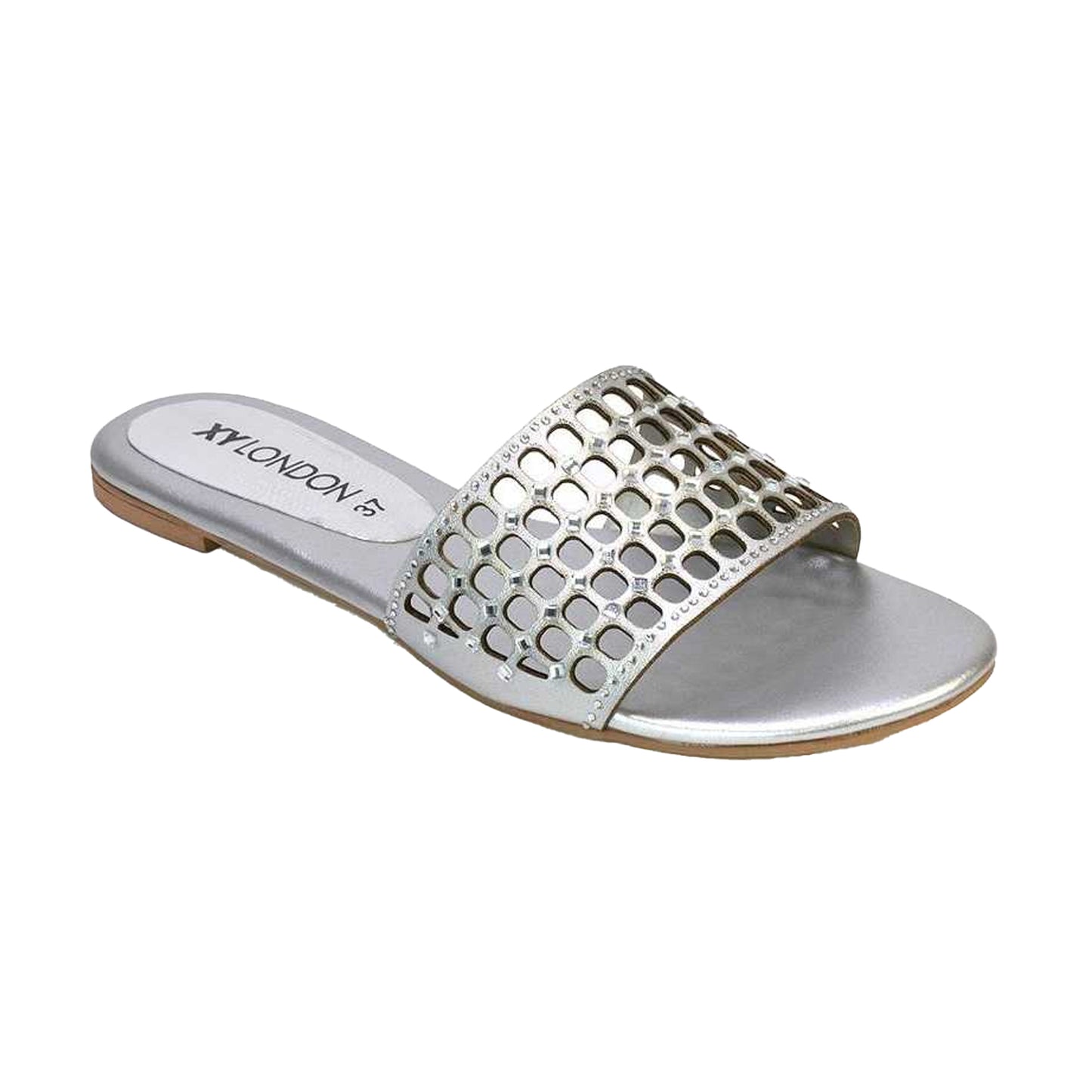 Silver - Front - XY London Womens-Ladies Abbie Diamante Cut Out Flat Sliders