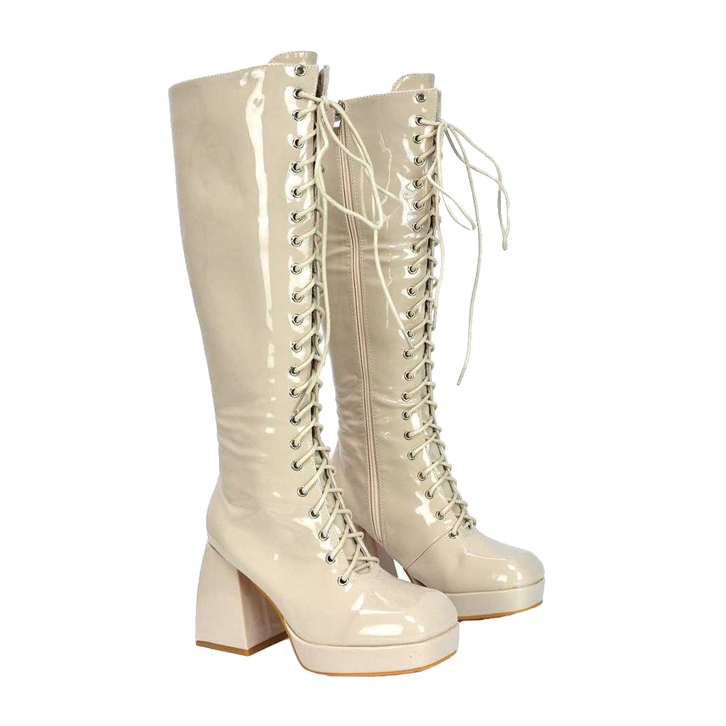 Nude - Front - XY London Womens-Ladies Love Patent Knee-High Boots