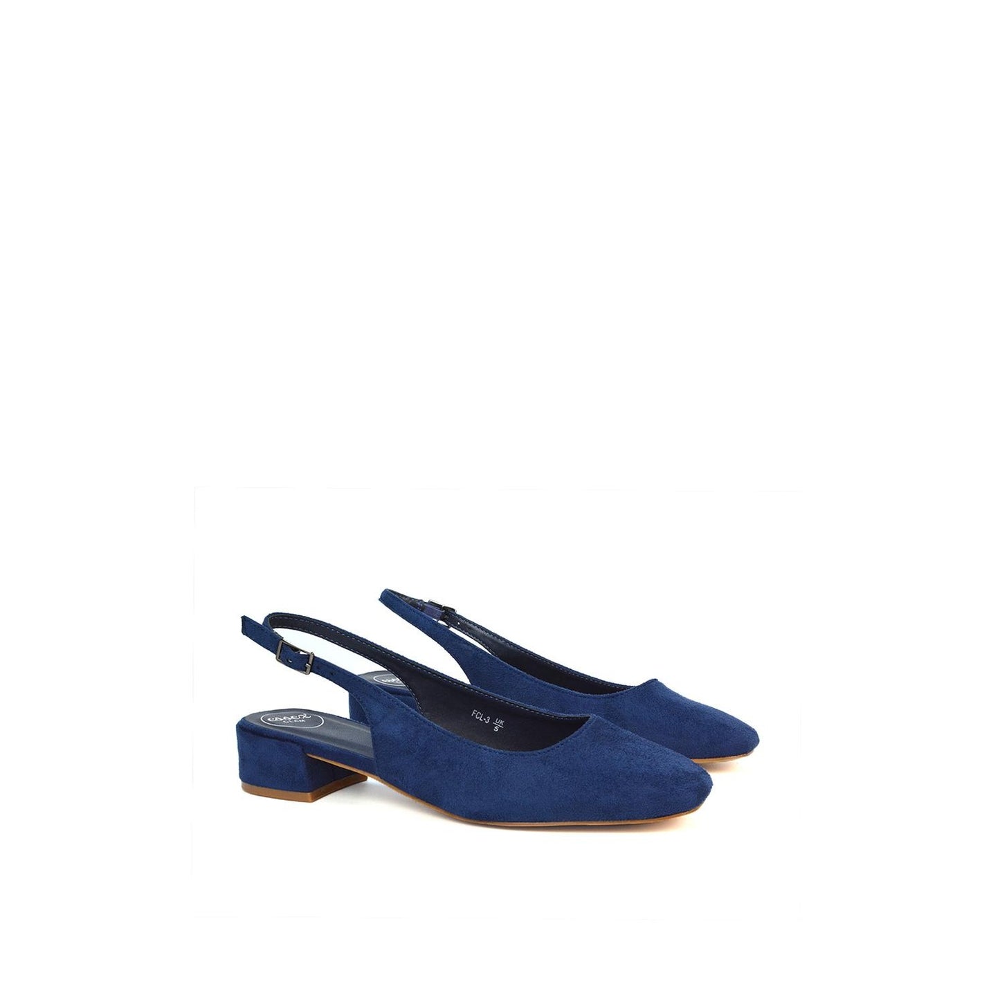 Navy - Side - XY London Womens-Ladies Jilly Sling Back Low Block Heel Court Shoes