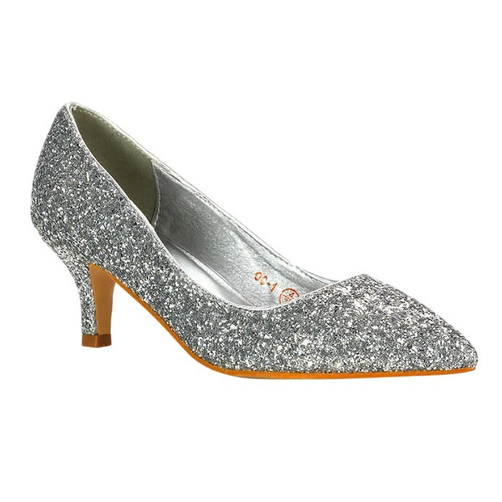 Silver - Front - XY London Womens-Ladies Gwyneth Glitter Kitten Heel Court Pumps
