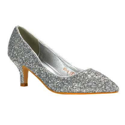 Silver - Front - XY London Womens-Ladies Gwyneth Glitter Kitten Heel Court Pumps