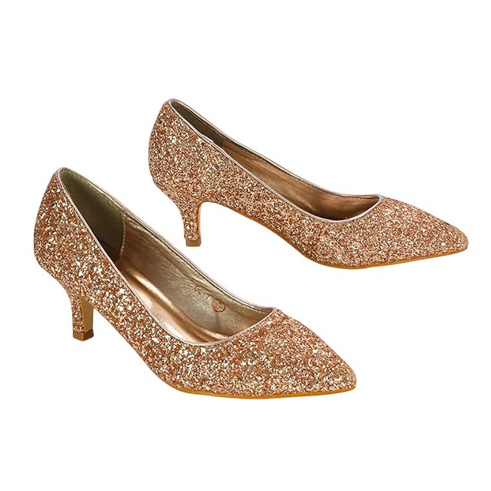 Rose Gold - Side - XY London Womens-Ladies Gwyneth Glitter Kitten Heel Court Pumps