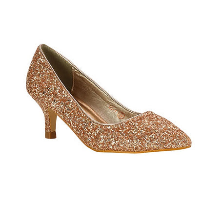 Rose Gold - Front - XY London Womens-Ladies Gwyneth Glitter Kitten Heel Court Pumps